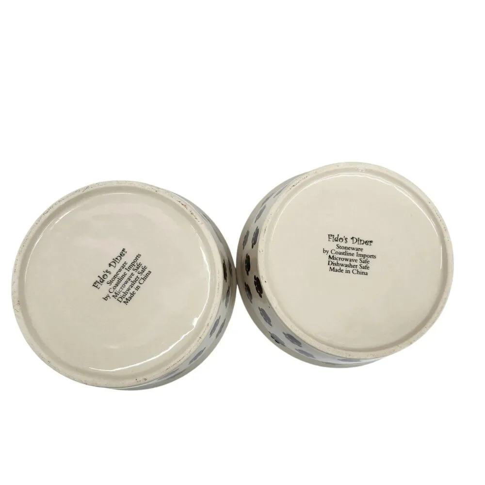 Fidos Diner Set of 2 Dog Dishes Stoneware Food Or Water Bowls Beige Paw Prints